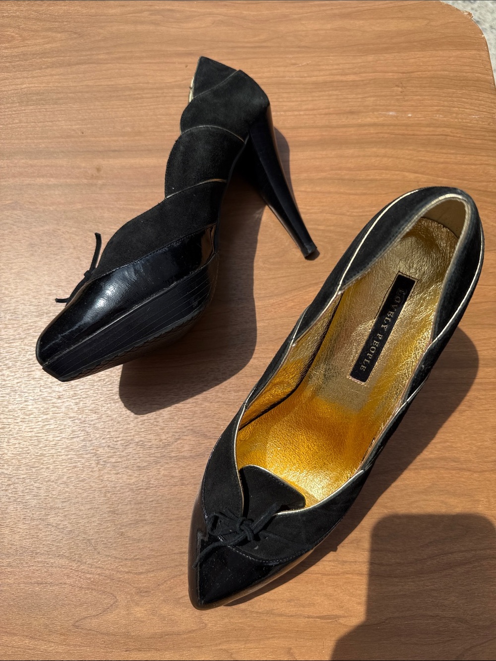 Lovely People Black Suede and Patent Pointed Toe Pumps